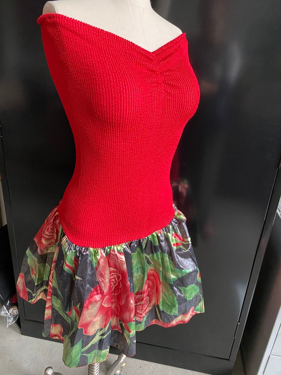 1990's Red Off Shoulder Drop Waist Dress