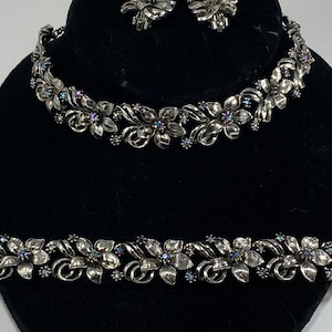 Floral Aurora Borealis Silver Toned Parure Set Choker Earrings And Bracelet