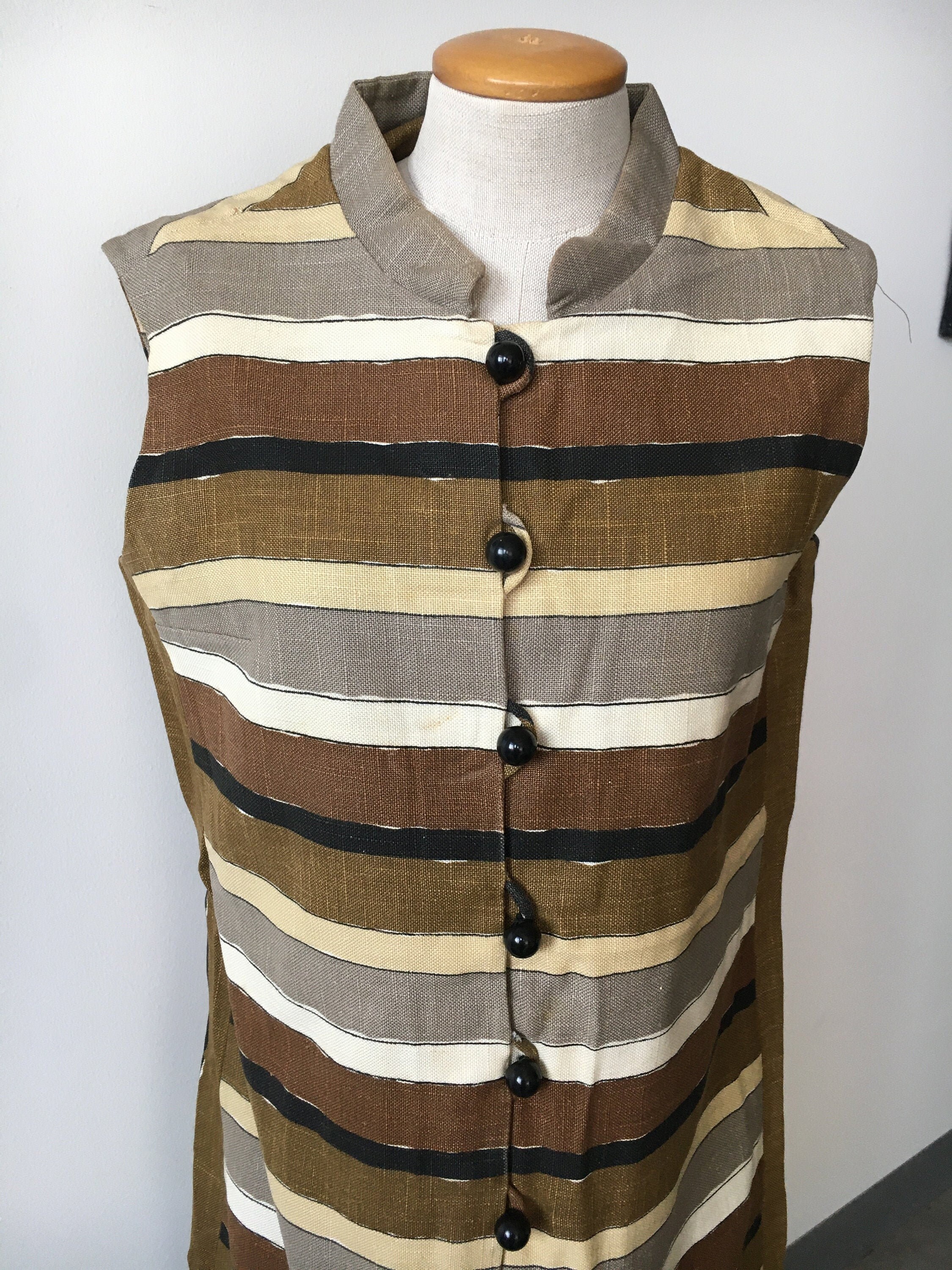 Brown Black And Beige Linen Striped Summer 1960's Dress