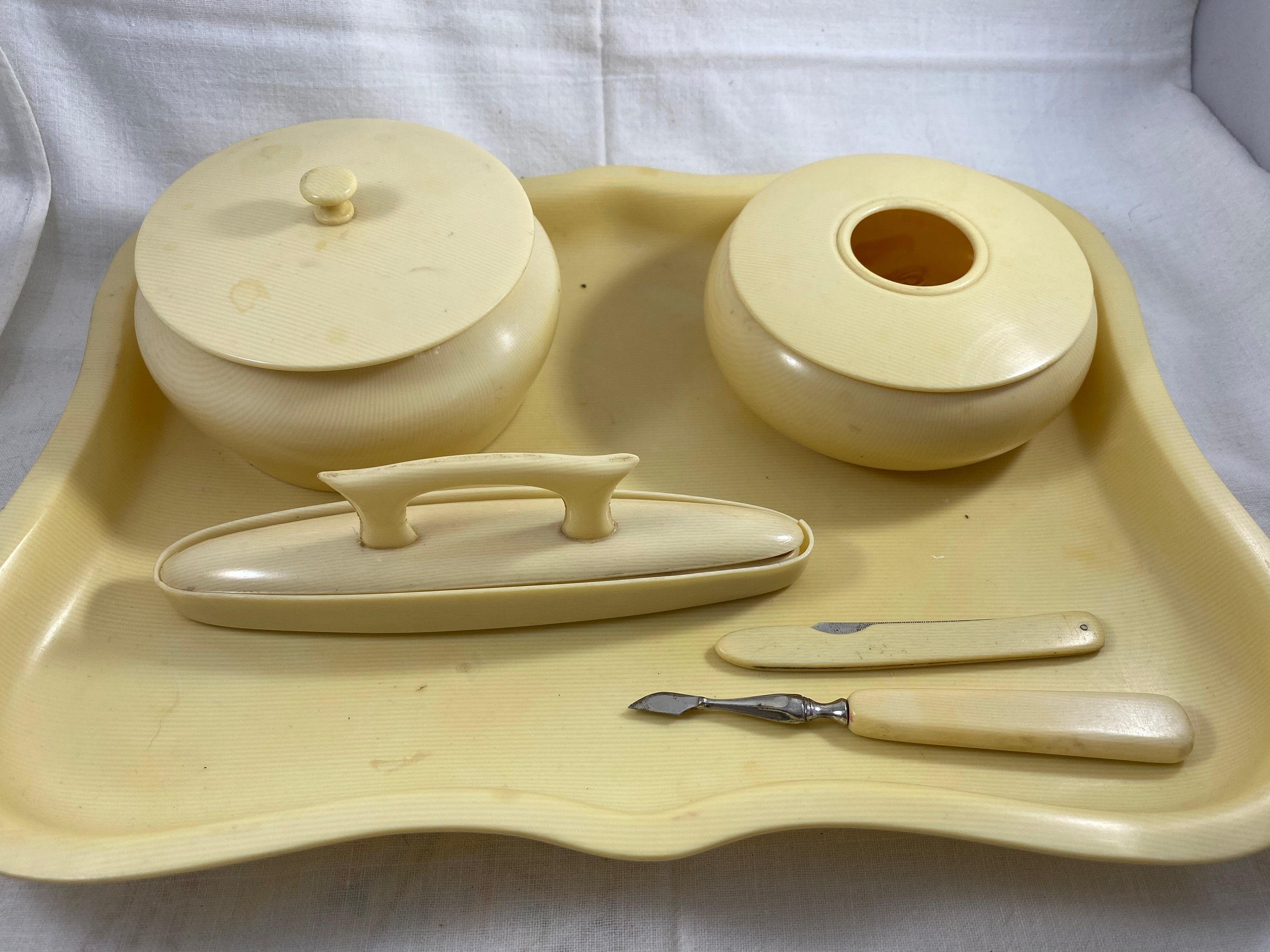 French Ivory Celluloid Pyralin Vanity Tray and Powder Boxes 6