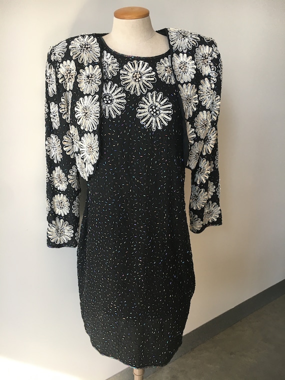 Black And White Daisy Sequined Dress With Bolero … - image 1