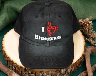 I Love Bluegrass Custom Embroidered Wash Black Hat/Cap