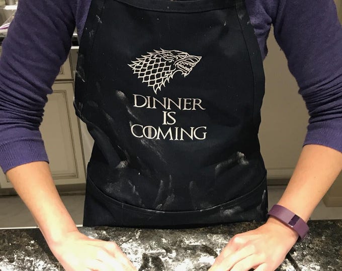 Featured listing image: Dinner Is Coming Wolf Stain-Release High Quality Full-Length Embroidered Adjustable Apron Various Color Options