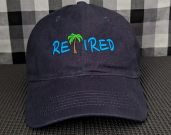 RETIRED Palm Tree Embroidered Navy Blue High Quality Dad Hat/Cap