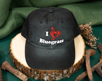 I Love Bluegrass Custom Embroidered Wash Black Hat/Cap