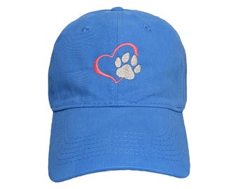 Pawprint Heart Custom Embroidered Adjustable 100% Cotton Dad Hat - Choose Your Own Colors