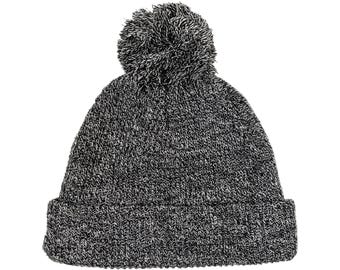 Blank Heather Black and White Soft Acrylic Knit Pom Beanie