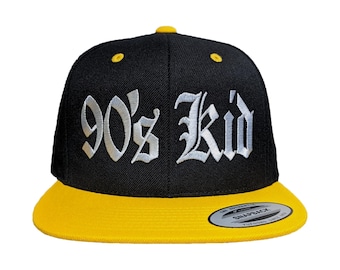 90s Kid Old English Embroidered Snapback Hat: Custom Colors, Flat Brim