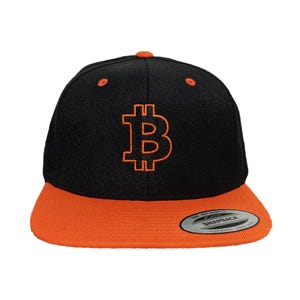 Bitcoin Symbol Embroidered Snapback Hat: Custom Colors, Flat Brim