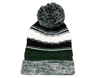 Blank Forest Green Black White Fold Knit Pom Beanie