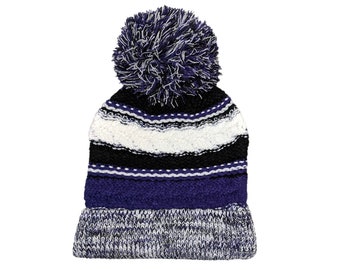 Blank Purple Black White Fold Knit Pom Beanie