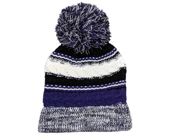 Blank Purple Black White Fold Knit Pom Beanie