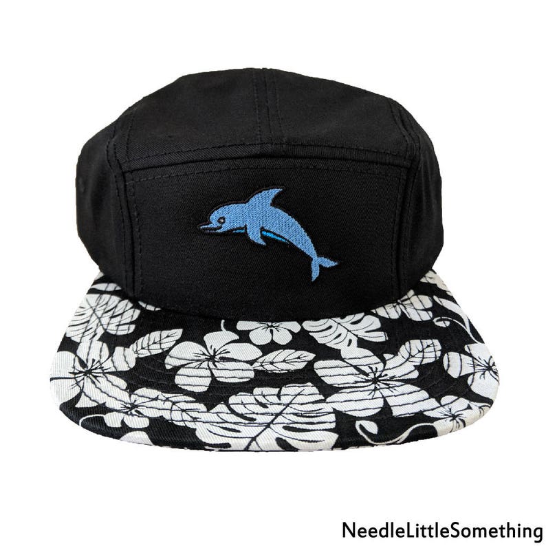 Cute Dolphin Embroidered Hawaiian Floral Pattern Camper HatCap