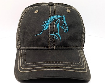 Horse Head Custom Embroidered Hat: Adjustable Oiled Leather Look Cap