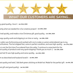 May include: A graphic featuring gold stars and the text "WHAT OUR CUSTOMERS ARE SAYING..." with customer reviews. The reviews highlight product quality, quick shipping, and satisfaction with custom orders.