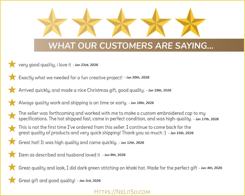 May include: A graphic featuring gold stars and the text "WHAT OUR CUSTOMERS ARE SAYING..." with customer reviews. The reviews highlight product quality, quick shipping, and satisfaction with custom orders.