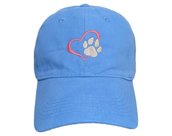 Pawprint Heart Custom Embroidered Adjustable 100% Cotton Dad Hat - Choose Your Own Colors