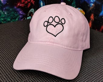 Doggy Heart Pawprint Embroidered Hat: Adjustable, Brushed Cotton, Color Options