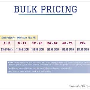 May include: Image displaying "BULK PRICING" in navy blue text. A table shows pricing for embroidery, "One Size Fits All." Prices range from $19.85 each to $11.89 each, depending on the quantity purchased. Product ID: CP77 (Hat/Cap).