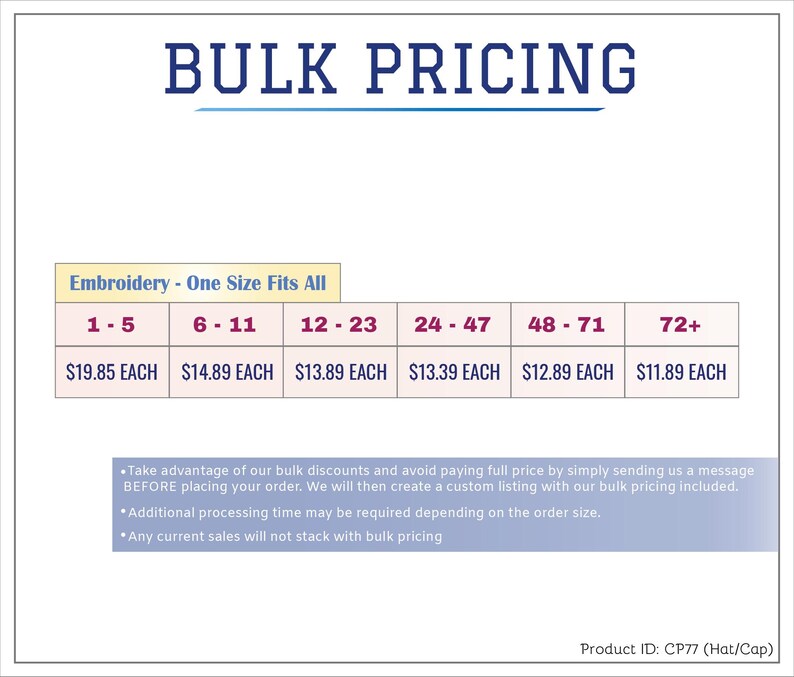May include: Image displaying "BULK PRICING" in navy blue text. A table shows pricing for embroidery, "One Size Fits All." Prices range from $19.85 each to $11.89 each, depending on the quantity purchased. Product ID: CP77 (Hat/Cap).