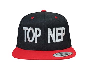 TOP NEP Embroidered Snapback Hat: Black & Red Flat Bill Cap
