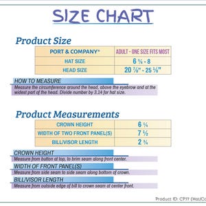 May include: Size chart for a hat or cap, with measurements and instructions. The chart includes hat size, head size, crown height, width of front panels, and bill/visor length. The text also includes how to measure the head for hat size.