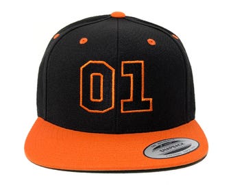 01 Embroidered Black and Orange Snapback Hat: Custom Color Options