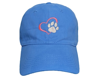 Pawprint Heart Custom Embroidered Adjustable 100% Cotton Dad Hat - Choose Your Own Colors
