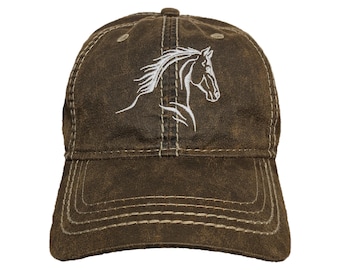 Horse Head Custom Embroidered Hat: Adjustable Oiled Leather Look Cap