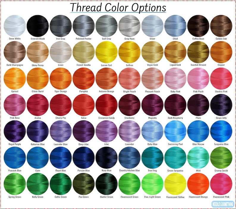 May include: A color chart displaying a wide array of thread color options. The image features a grid of thread spools in various shades, including white, black, gray, blue, green, yellow, orange, pink, and brown. The text "Thread Color Options" is at the top.