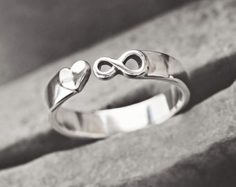 Open Love Ring Promise Ring Infinity Ring Pinky Ring Midi Ring, Heart Adjustable Ring, Custom Engraved I Love You Silver Band Ring