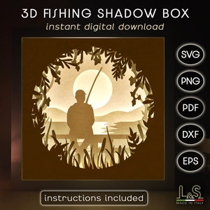 3D Fishing Shadow Box Svg Files for Cricut, Papercut Lightbox Svg, Shadowbox Template, Paper Cut Light Box, Fisherman Svg, Layered Paper Art
