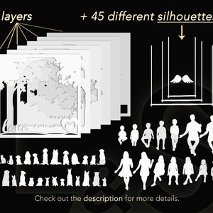 This family portrait shadow box template is composed of 6 layers and can be customized with 45 different family members and pets. Instructions are included for Cricut and Silhouette cutting machines.