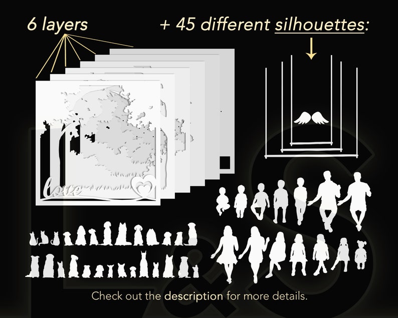 This family portrait shadow box template is composed of 6 layers and can be customized with 45 different family members and pets. Instructions are included for Cricut and Silhouette cutting machines.