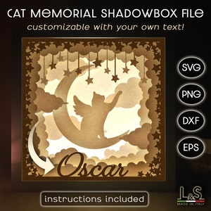 Scatola commemorativa per gatti personalizzabile in formato SVG Cricut, modello di scatola commemorativa per gatti personalizzato, scatola luminosa tagliata su carta, file di taglio laser per scatola luminosa 3D