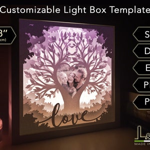 Customizable lighted shadow box design with heart tree. This couple lightbox template is customizable with a picture. This family light box includes SVG, PNG, PDF, DXF and EPS files. Size 8x8 inches.