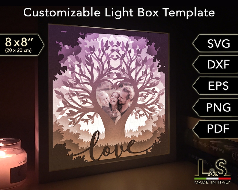 Customizable lighted shadow box design with heart tree. This couple lightbox template is customizable with a picture. This family light box includes SVG, PNG, PDF, DXF and EPS files. Size 8x8 inches.