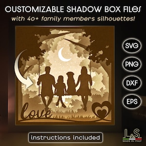 3D light shadow box template customizable with family members and pets on a swing. This family light box template includes SVG, PNG, DXF and EPS files for cutting machines and laser cut. Size 8x8 inches.