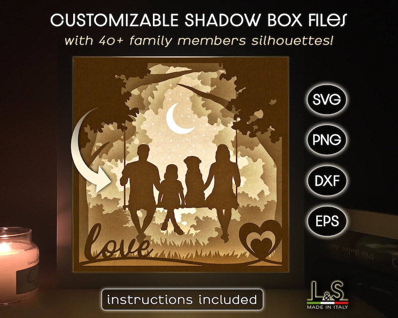 3D light shadow box template customizable with family members and pets on a swing. This family light box template includes SVG, PNG, DXF and EPS files for cutting machines and laser cut. Size 8x8 inches.