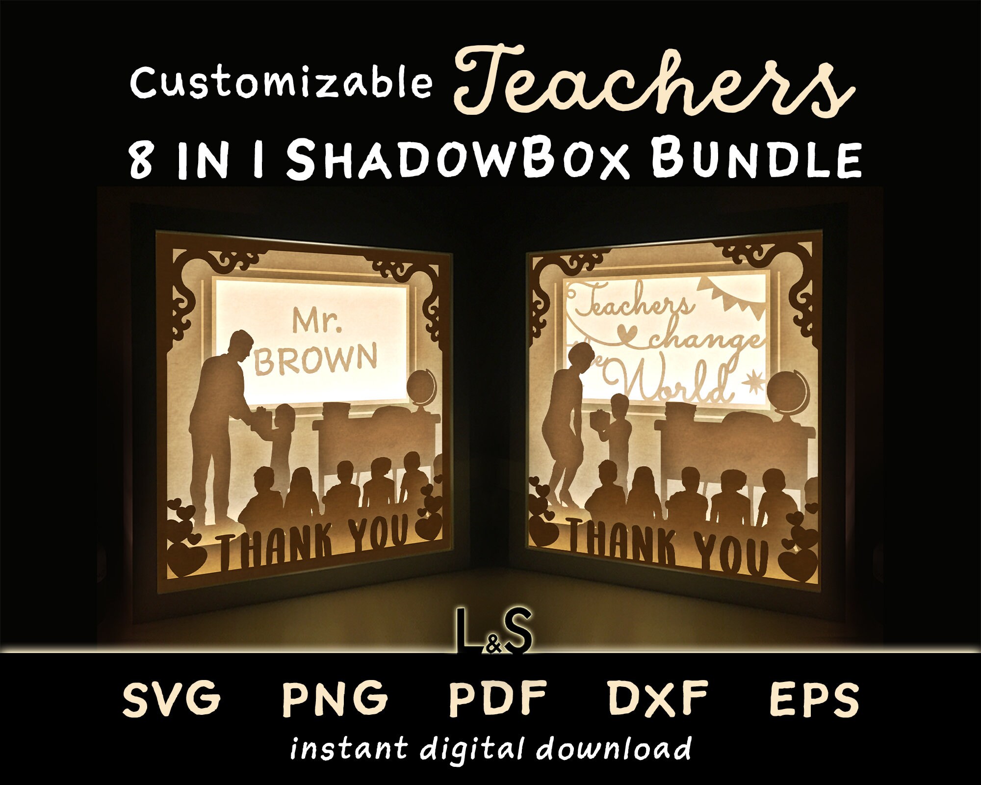 Customizable Teacher Shadow Box Svg Bundle, Paper Cut Lightbox Svg, 3D Teacher Shadowbox Art, Layered Light Box Template, Cricut Paper Craft