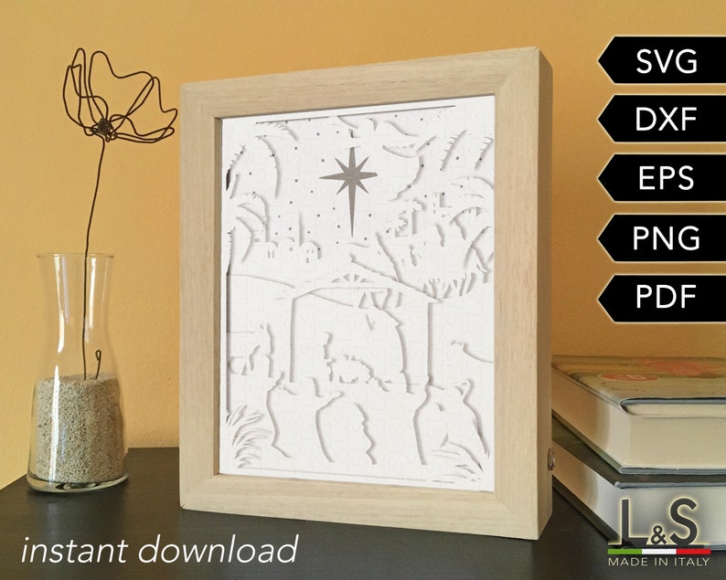 Layered Christmas nativity shadow box cut files instant download. Files included are SVG, PNG, PDF, DXF, EPS. This 3D Christmas shadow box can be made with white or colored paper cut cardstock inside a shadow box frame.