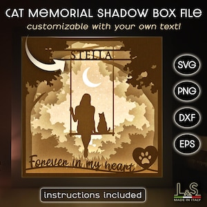 Caja de sombras personalizable para Cat Memorial, caja de luz 3D Svg, Cat Shadowbox Svg, Papercut Lightbox Svg, plantilla de corte de papel, corte láser en capas