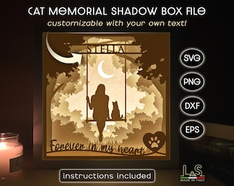 May include: A digital file for a shadow box memorial for a cat. The design features a cat sitting on a swing with a woman in the background. The text "Stella" is at the top of the design and the text "Forever in my heart" is at the bottom. The design is customizable with your own text.