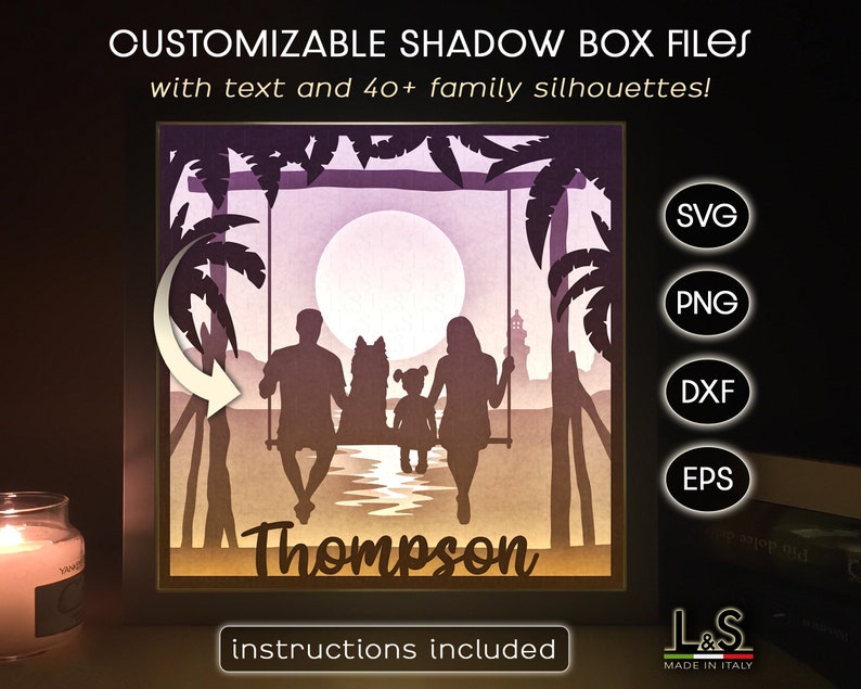 3D light shadow box template customizable with family name and family members at the beach. This family light box template includes SVG, PNG, DXF and EPS files for cutting machines and laser cut. Size 8x8 inches.