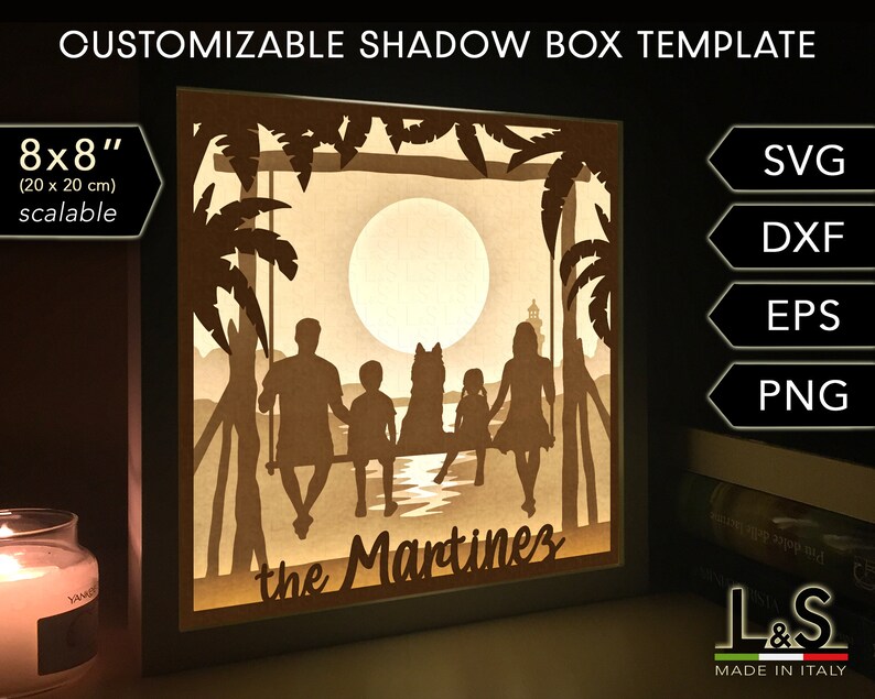 Layered family shadowbox design with customizable family at the beach and name. This family portrait light box svg template includes SVG, PNG, DXF and EPS files for cutting machines and laser cut. Size 8x8 inches.