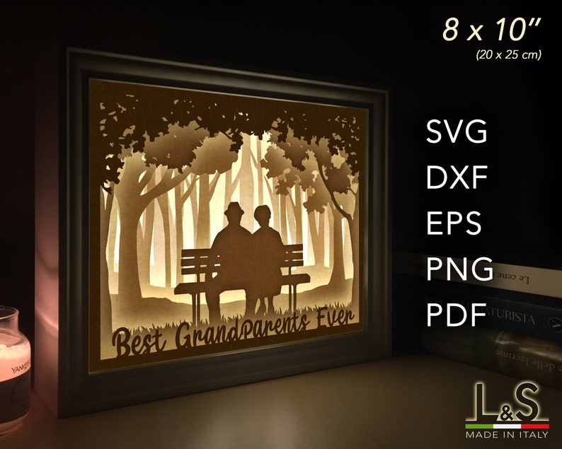 3D light box design with grandparents sitting on a bench. This grandparents shadow box template includes SVG, PNG, PDF, DXF and EPS files for cutting machines and laser cut. Size 8x10 inches.