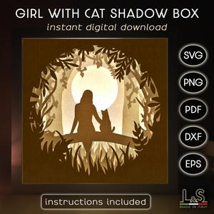 Ragazza con gatto Shadow Box Svg Cricut, Lightbox 3D Svg, Arte Shadowbox a strati, Modello Lightbox tagliato su carta, File tagliati al laser a strati con gatto
