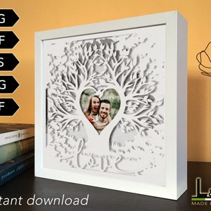Customizable lighted shadow box design with heart tree. This love lightbox template is customizable with your picture. This couple light box includes SVG, PNG, PDF, DXF and EPS files. Size 8x8 inches.