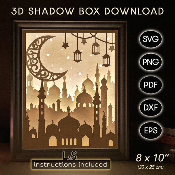 Ramadan Shadow Box Svg Cricut, Islamique Shadowbox Art, 3D Lightbox Svg, Eid Décoration, Papercut Light Box Template, Layered Laser Cut Files