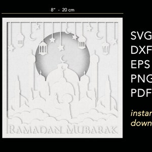 3D Ramadan shadow box svg cut files instant download. Size 8x8 inches, square shadow box template.